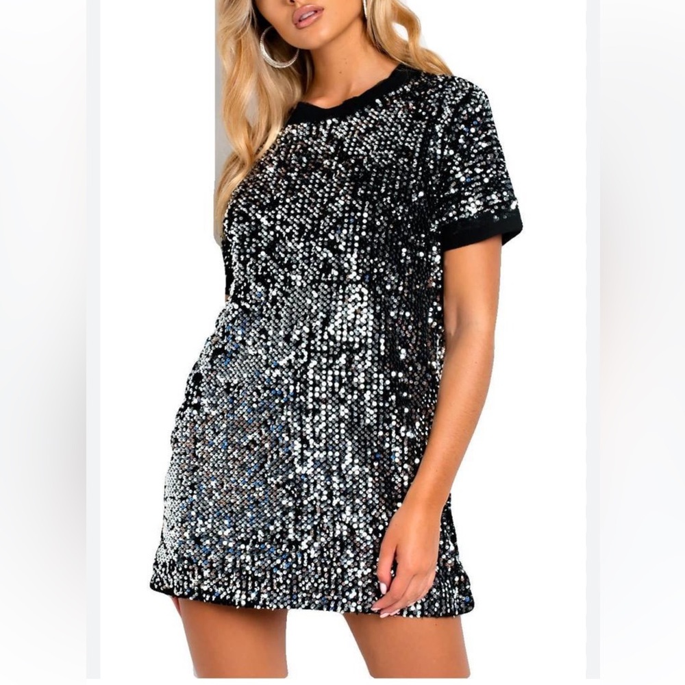 Mochy Sequin T-Shirt Mini Dress in Silver